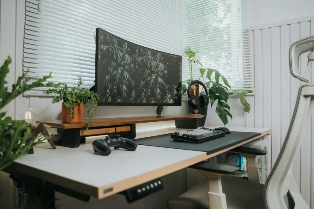 A home office workstation arranged to reduce glare from a nearby window