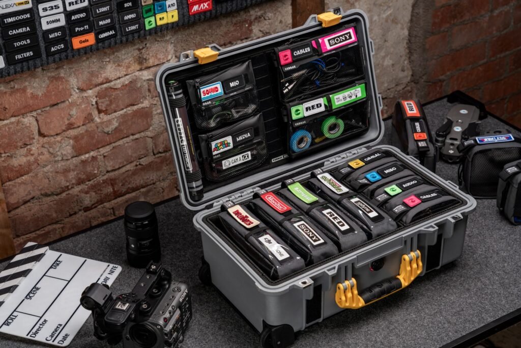 Reusable cable ties, adhesive clips, a cable sleeve, and small labels arranged on a desk.