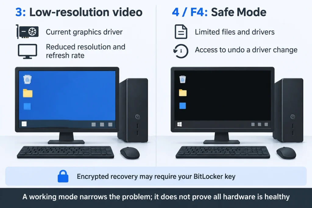 Low-resolution video keeps the current graphics driver; Safe Mode starts with a limited set of files and drivers.