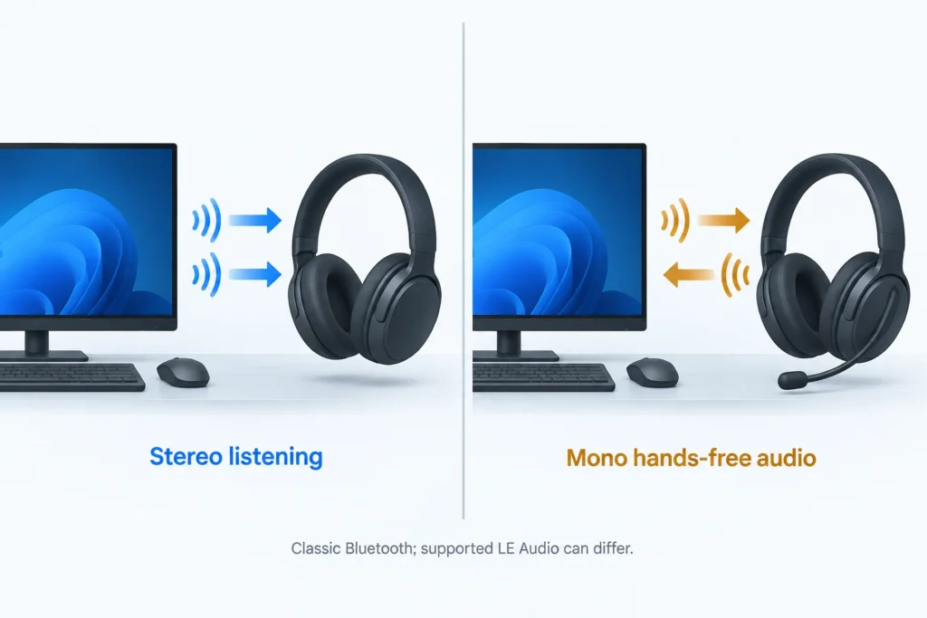 The same classic Bluetooth headset switches from stereo listening to mono hands-free audio when its microphone activates.