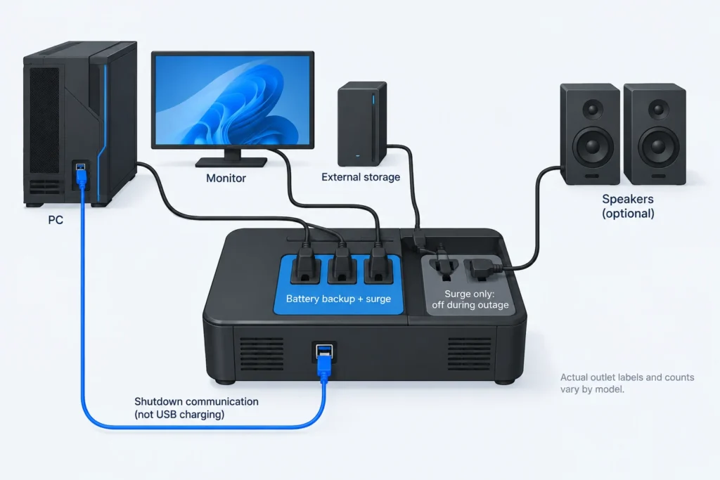 Diagram shows essential equipment on battery-backed outlets, optional speakers on surge-only outlets, and a USB shutdown data cable.