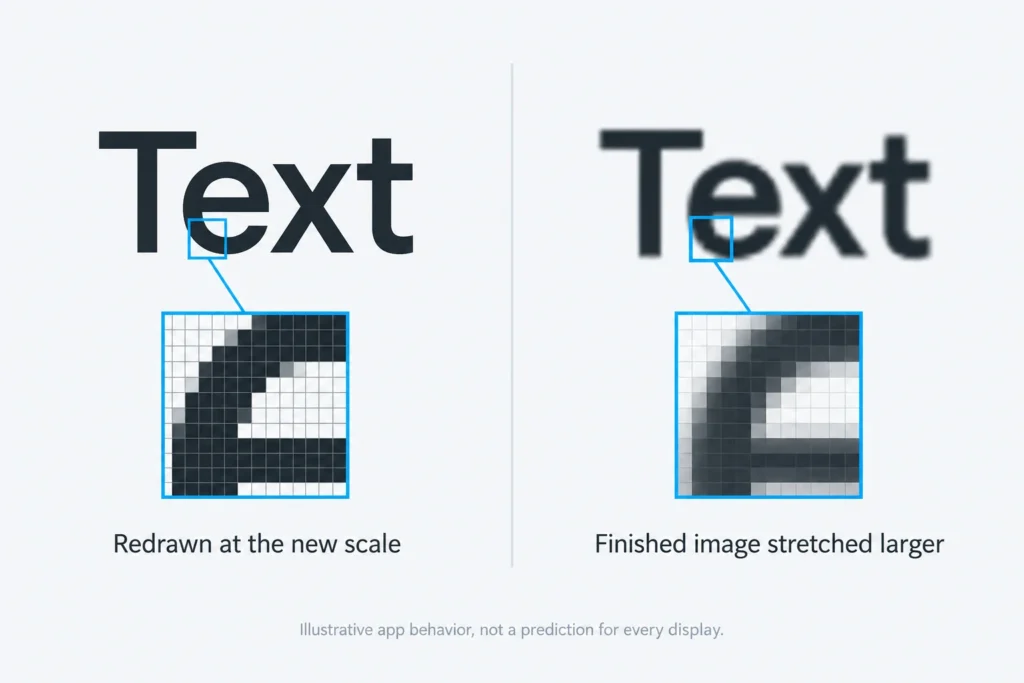 Crisp text redrawn at a larger scale beside a softened enlargement of previously rendered text.
