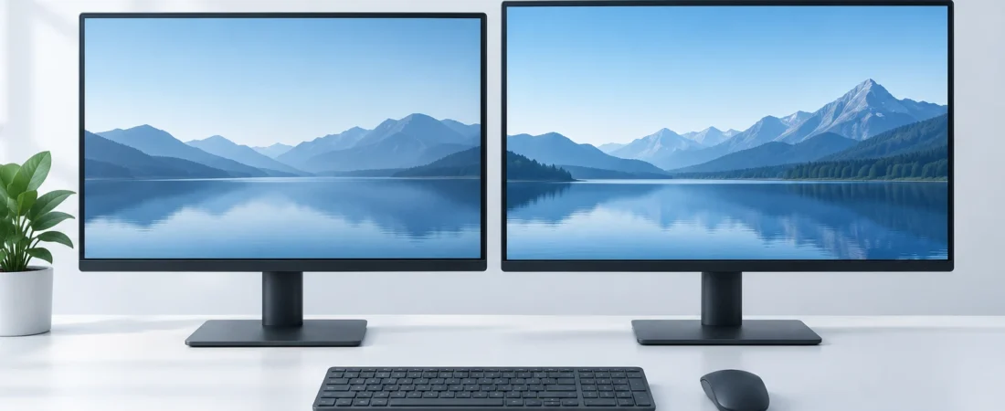 Equal-size 1440p and 4K monitors using 100% and 150% scaling to display similarly sized text and menus.