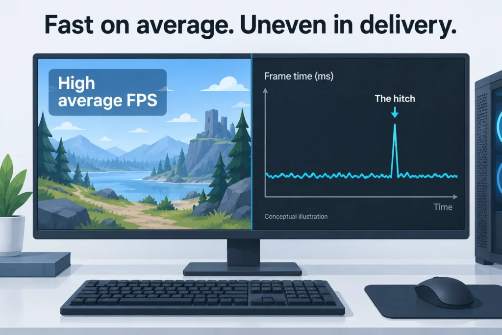 A high average FPS badge contrasts with a conceptual frame-time graph containing a large hitch.