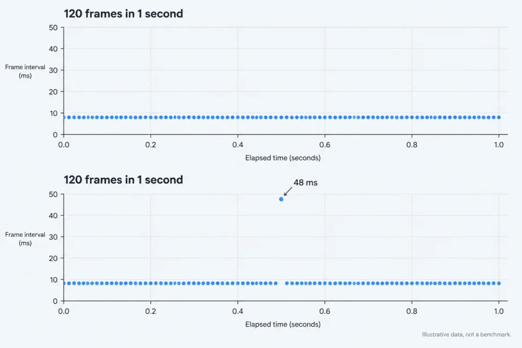 Two illustrative 120 FPS sequences show even 8.33 ms intervals versus 119 intervals of 8 ms and one of 48 ms.