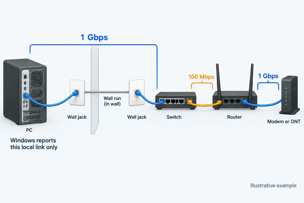 Illustrative path where the PC links to a switch at 1 Gbps but the switch-to-router connection runs at 100 Mbps.