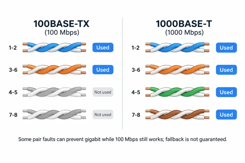 100BASE-TX uses two wire pairs, while gigabit 1000BASE-T requires all four pairs.